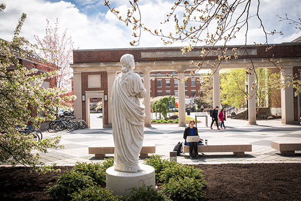 Students studying and walking at the University of Rochester River Campus in Rochester, New York.