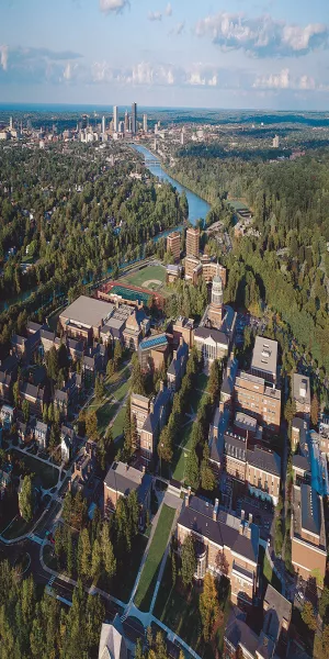 Arial view of University of Rochester's River Campus along the Genesee River.