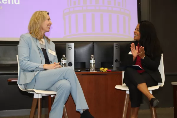 Melanie Huet '03S (MBA) is interviewed by Ivone Foisy, assistant dean of enrollment management